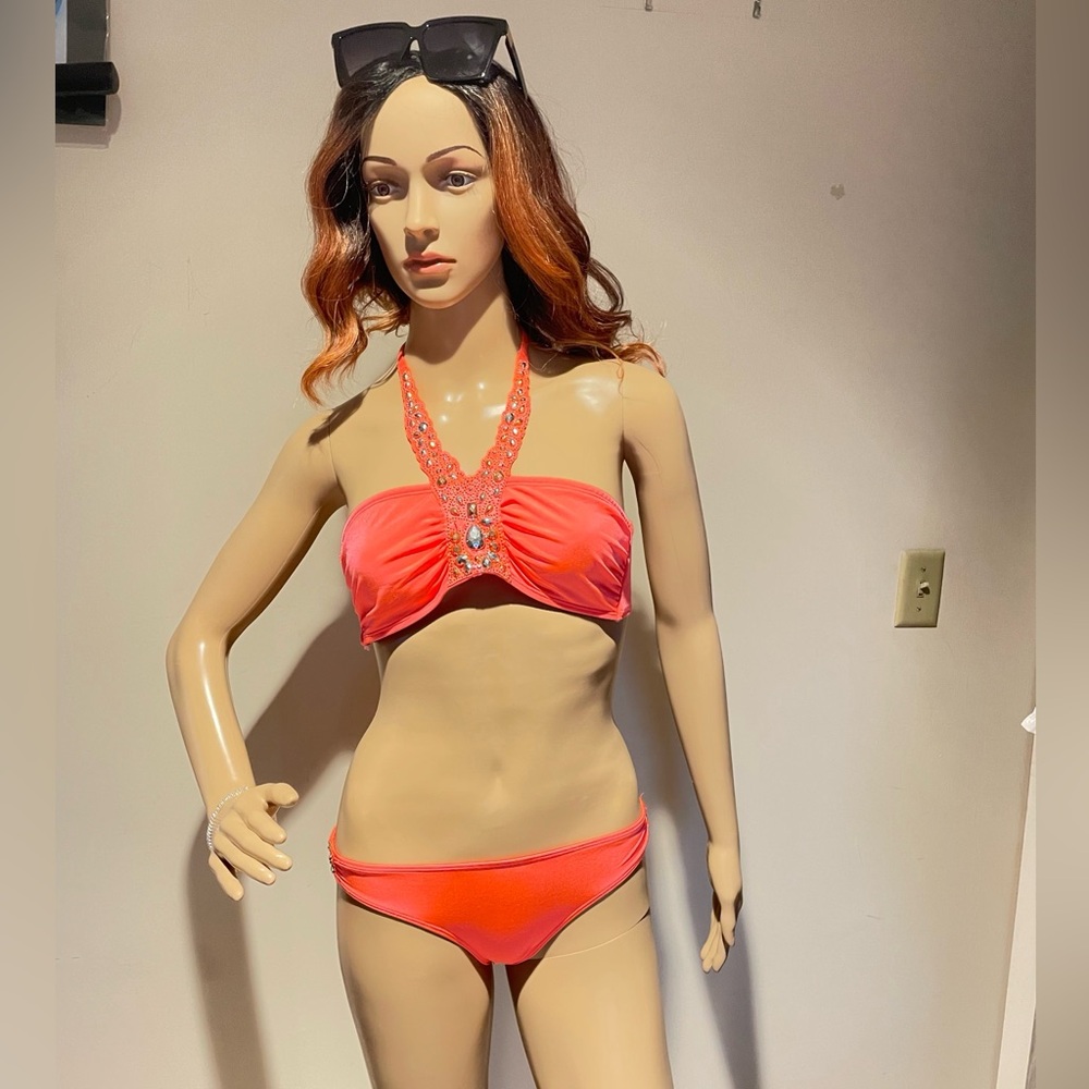 H&M 2 Pc. Crystal Embellishments Tangerine Bikini Top SIze 8 Bottoms Size 2 $18